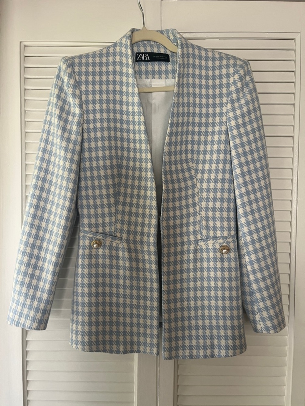 Zara Light Blue & White Houndstooth Collarless Blazer - Picture 6 of 14